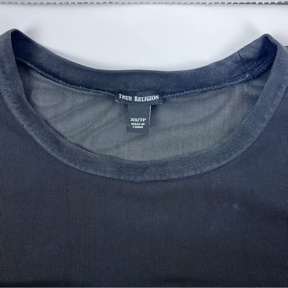 True Religion Women's Long Sleeve Black Sheer Spell Out Mesh Panel Top Size XS - Picture 8 of 13